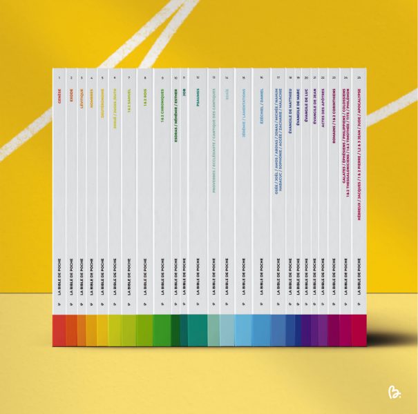 La Bible de Poche, c’est LA collection colorée qui regroupe les 66 livres de la Bible en 25 volumes compacts, faciles à lire et à emporter partout ! La Bible de Poche, c'est LA collection colorée qui regroupe les 66 livres de la Bible en 25 volumes compacts, faciles à lire et à emporter partout !